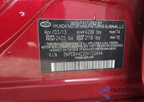 2013 Hyundai Sonata Gls z USA, uszkodzony, nr VIN 5NPEB4AC2DH722644